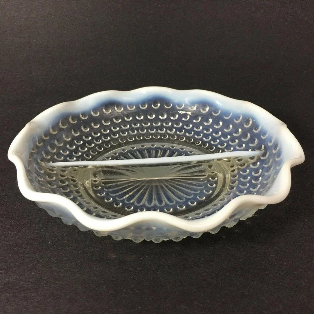 Fenton Opalescent Moonstone Hobnail Dish Glass Divided Round Scallop Edge 7 3/4